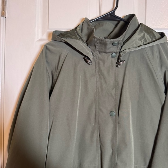 LL Bean Long Trench Coat Hooded Women’s Removable Wool Liner Army Green Lg - Picture 3 of 16